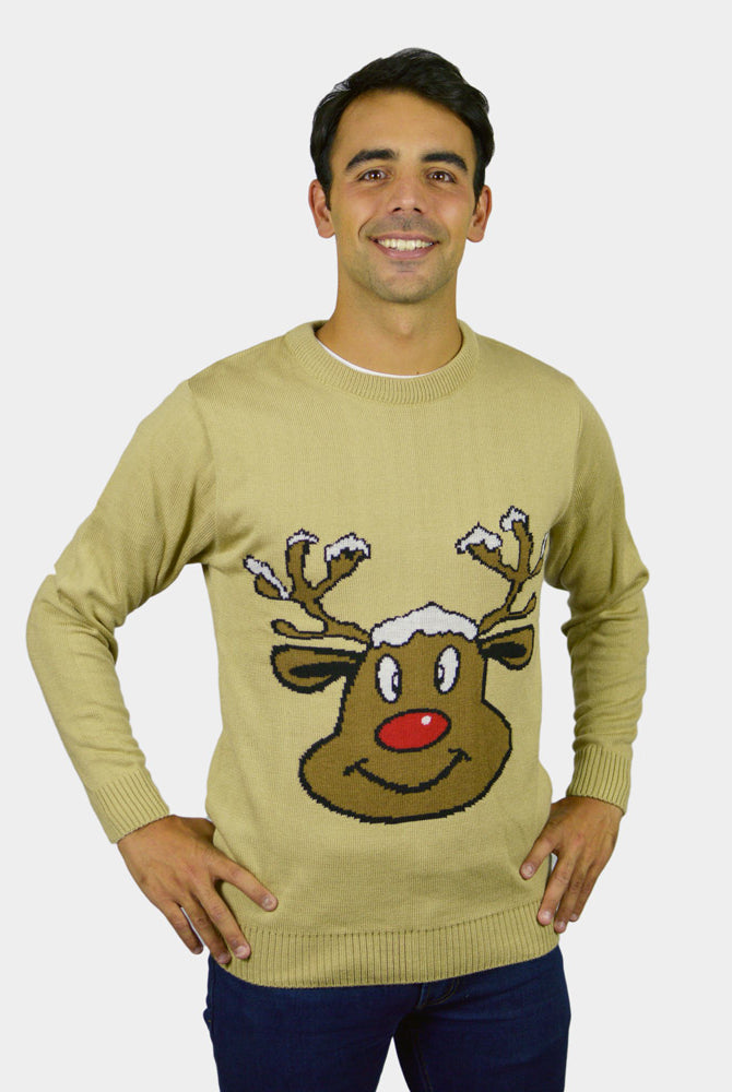 Camisola de Natal para Família Bege com Rena Sorridente Homem