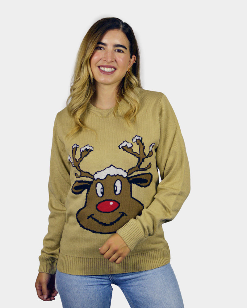 Camisola de Natal para Família Bege com Rena Sorridente Mulher