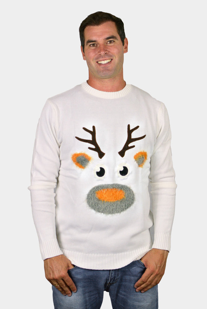Camisola de Natal Branca para Família com Rena 3D Cabeludo Homem