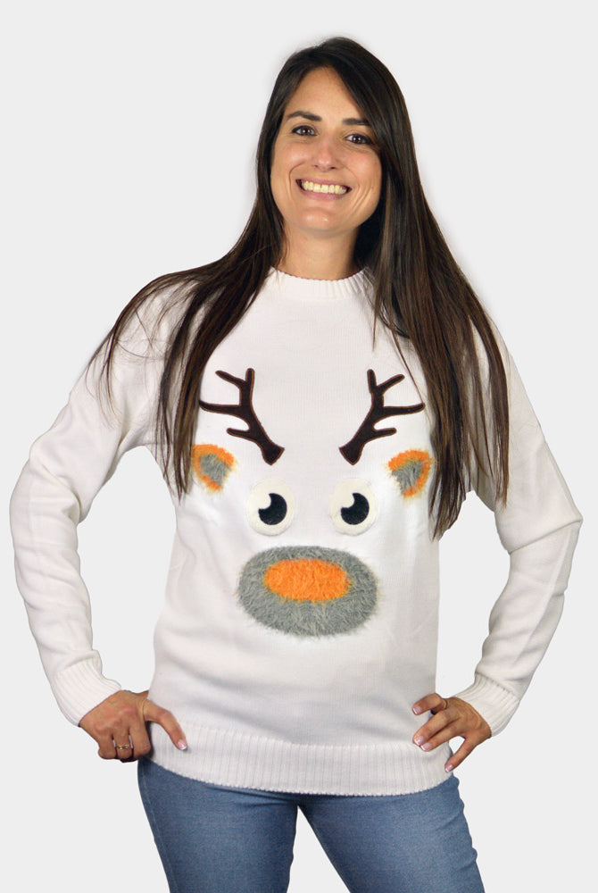 Camisola de Natal Branca para Família com Rena 3D Cabeludo Mulher