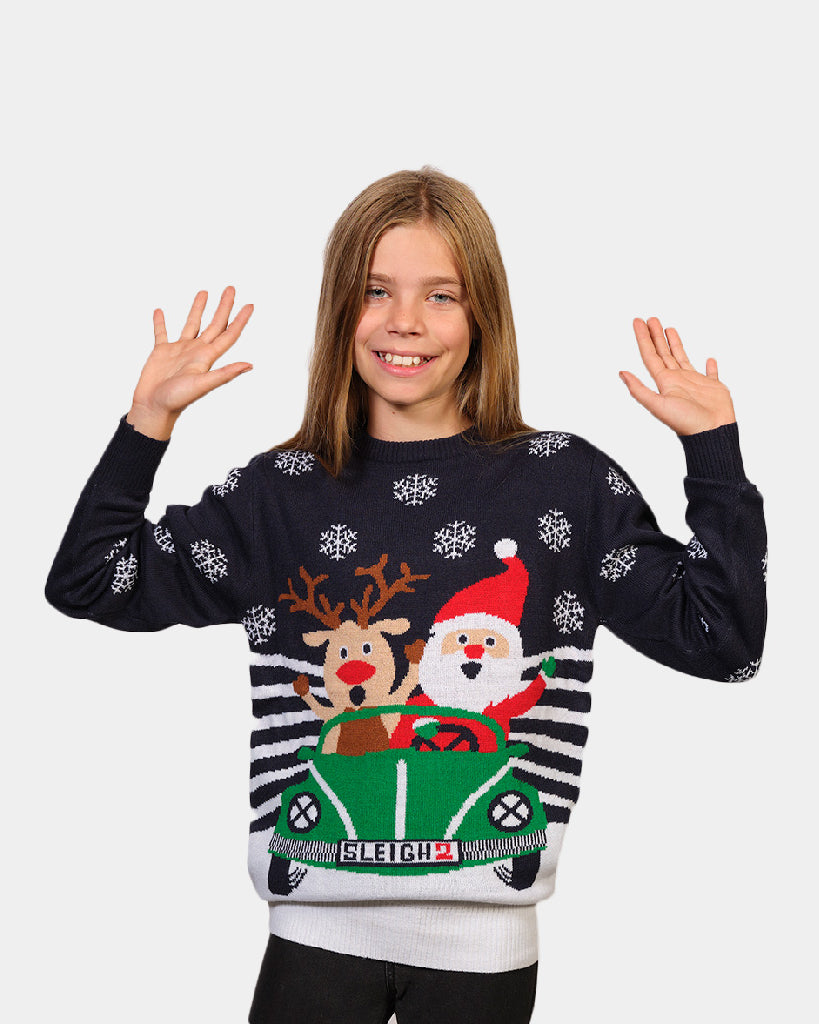 Camisola de Natal para Família Rena e Pai Natal Dirigindo Menina