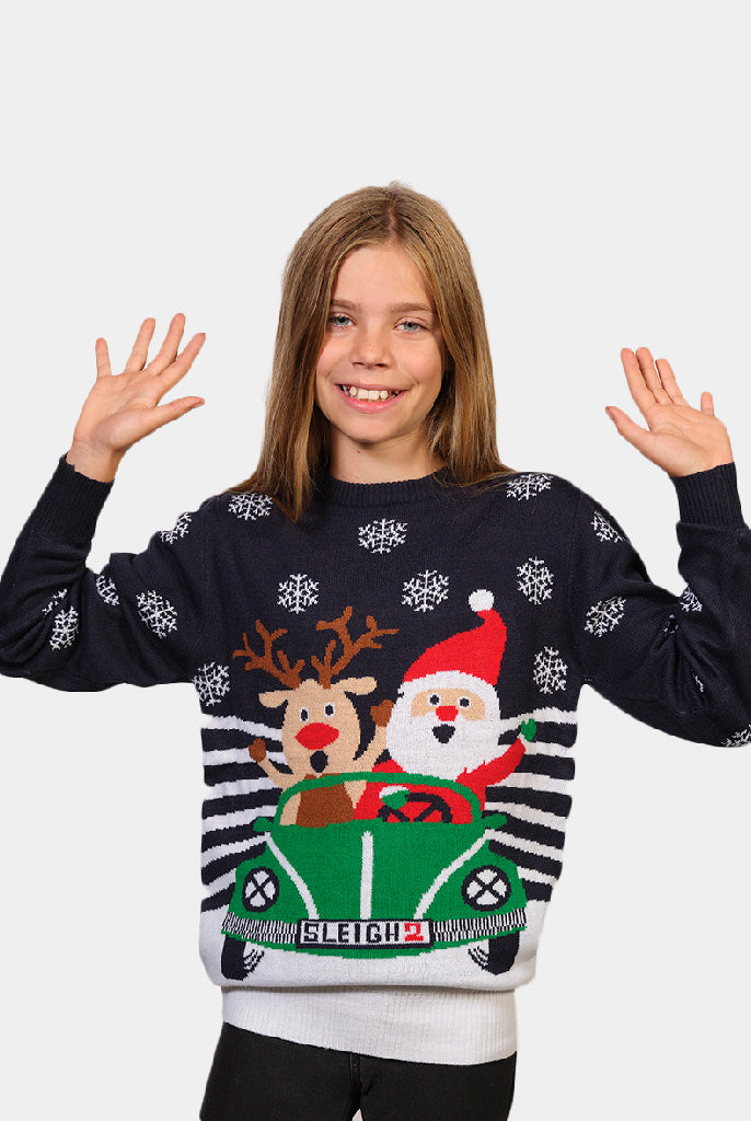 Camisola de Natal para Família Rena e Pai Natal Dirigindo Menina