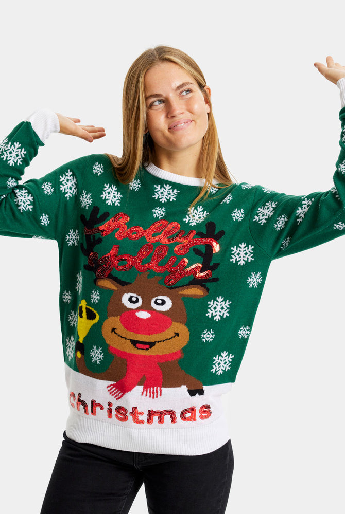 Camisola de Natal Verde para Família Holly Jolly Lantejoulas Mulher