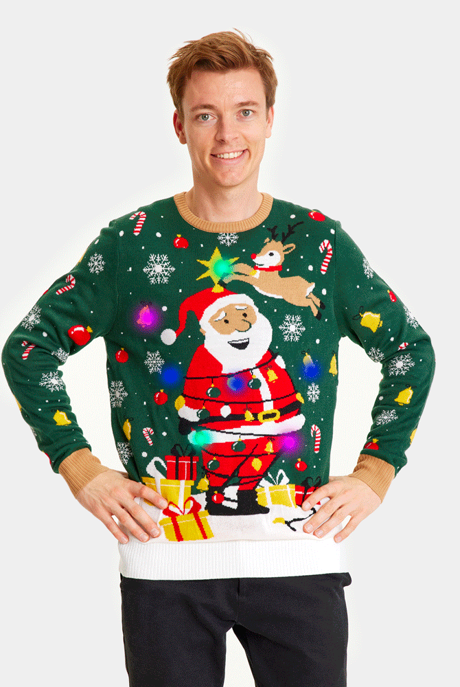 Camisola de Natal Verde com Luzes LED para Família Pai Natal Preso Homem