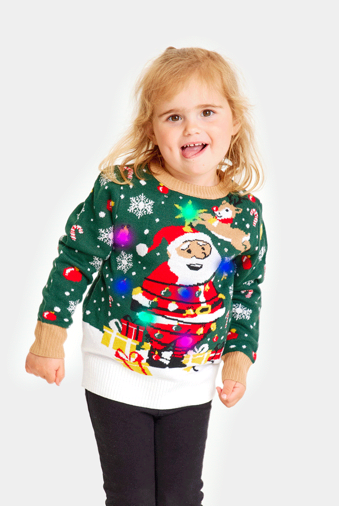 Camisola de Natal Verde com Luzes LED para Família Pai Natal Preso Menina