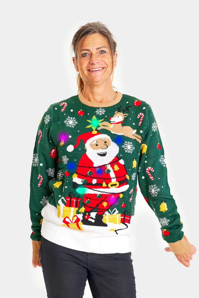 Camisola de Natal Verde com Luzes LED para Família Pai Natal Preso Mulher
