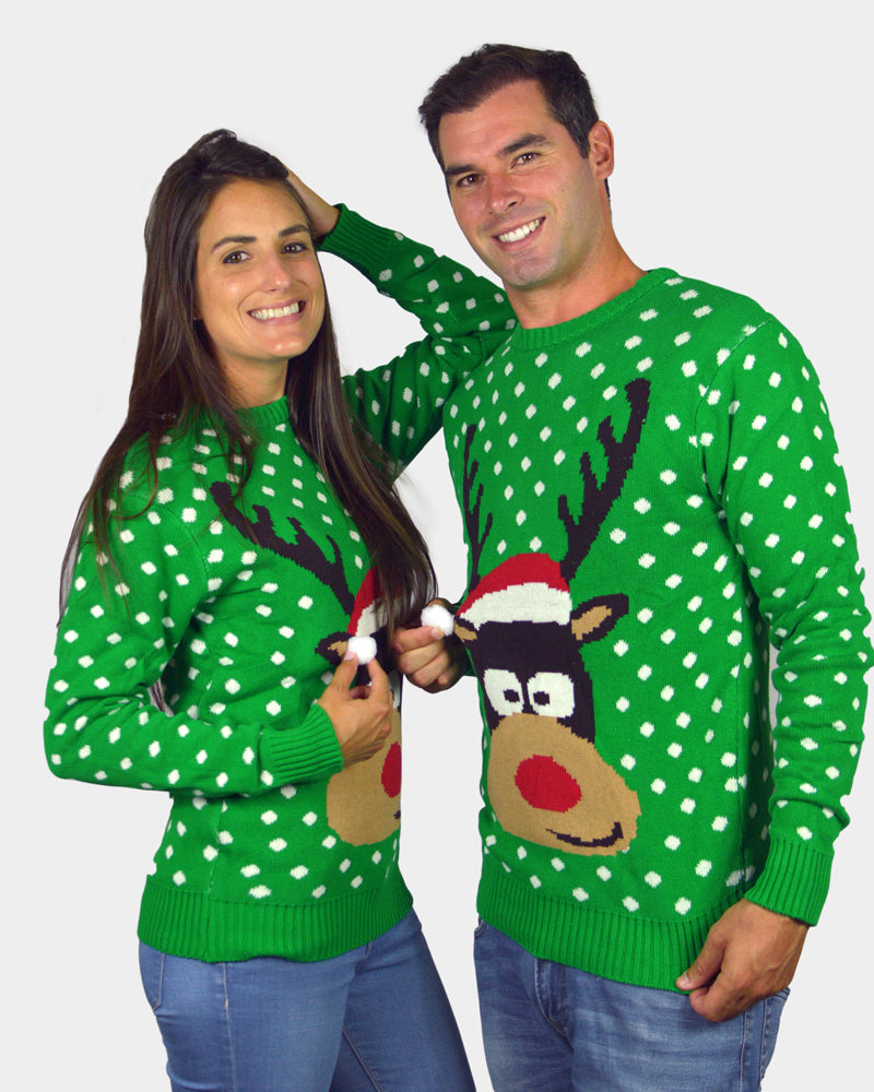 Camisola de Natal para Família Verde Rena com Gorro 3D casal