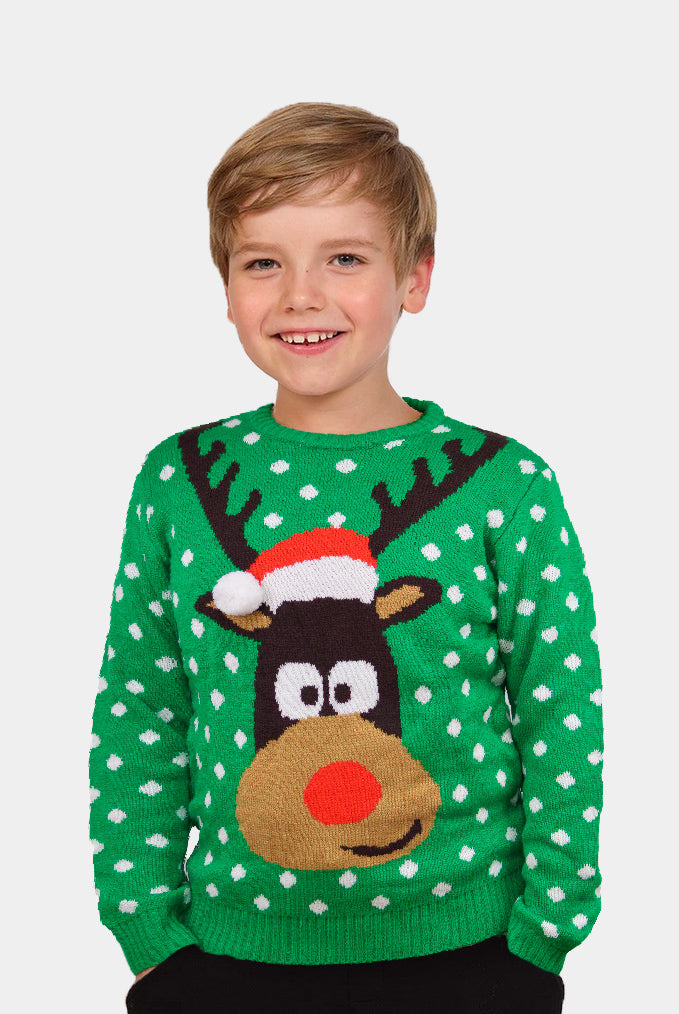 Camisola de Natal para Família Verde Rena com Gorro 3D Crianças