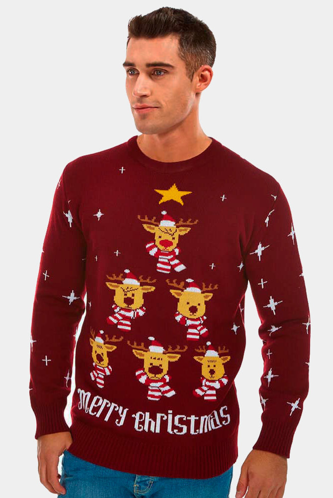 Camisola de Natal Granate com Rena, Árvore de Natal e Estrela Homem