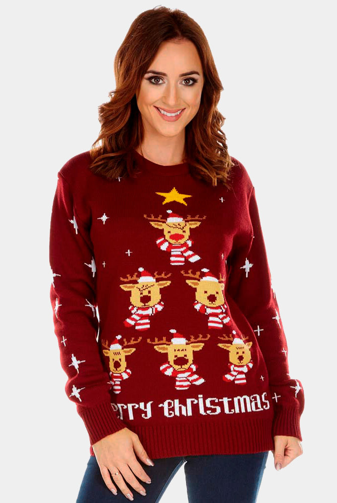 Camisola de Natal Granate com Rena, Árvore de Natal e Estrela Mulher
