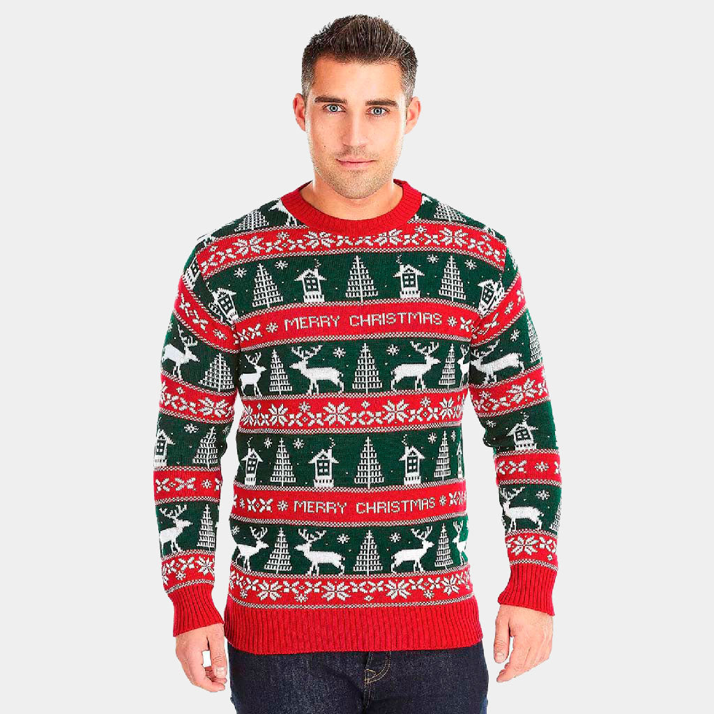 Camisola de Natal Listras Verdes e Vermelhas Merry Christmas Homem