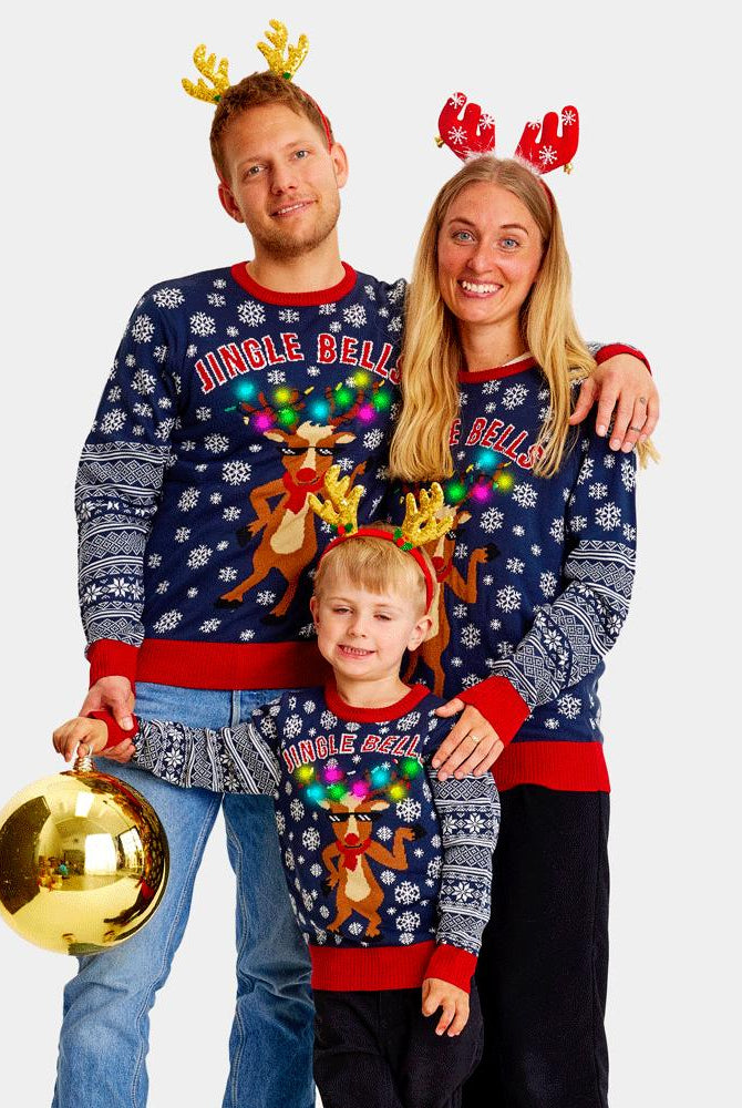 Camisola de Natal com Luzes LED para Menina e Menino Jingle Bells Familia