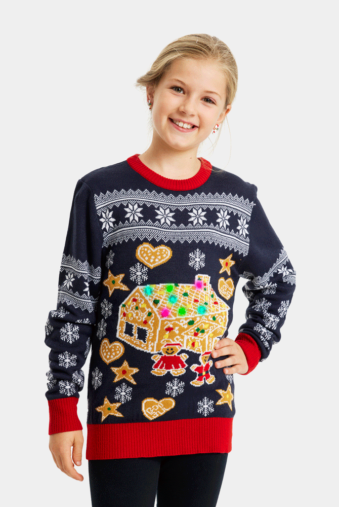 Camisola de Natal com Luzes LED para Família Casa Gingerbread Menina