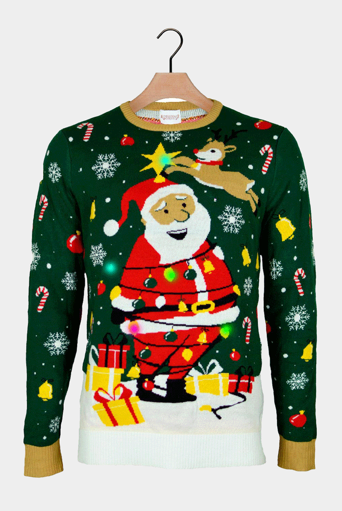 Camisola de Natal Verde com Luzes LED para Crianças Pai Natal Preso