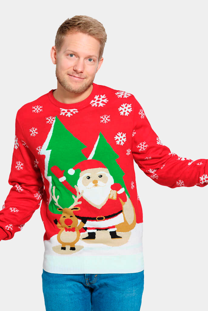 Camisola de Natal para Família Pai Natal e Rena Cumprimentando Homem