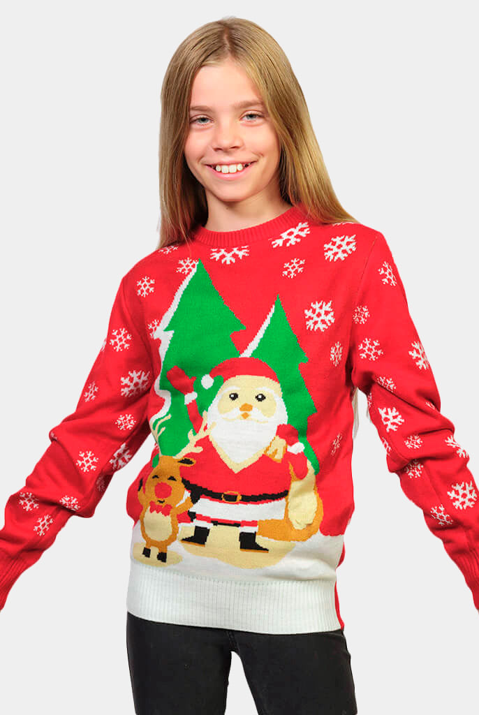 Camisola de Natal para Família Pai Natal e Rena Cumprimentando Menina