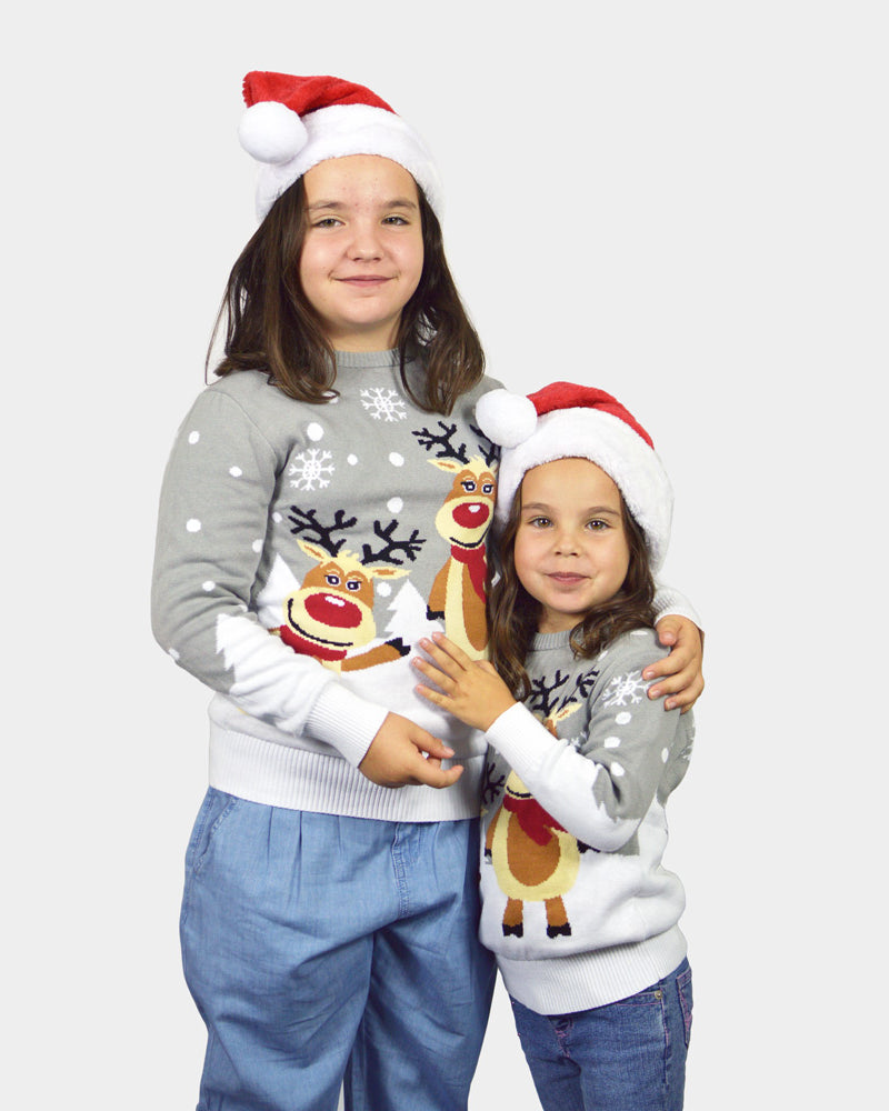 Camisola de Natal para Menina e Menino Cinza com Renas Cute Meninas