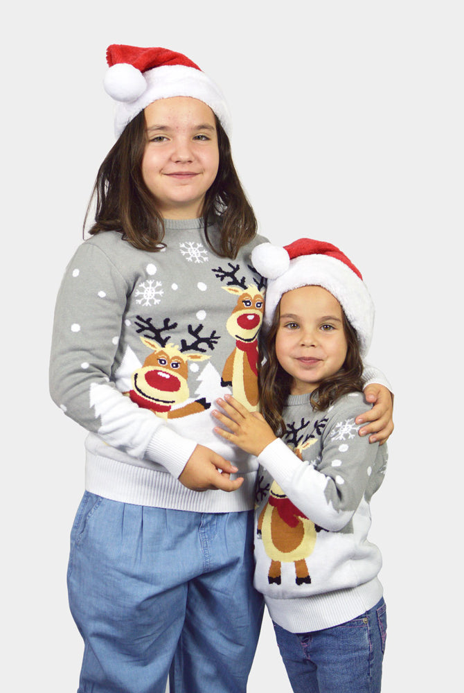Camisola de Natal para Menina e Menino Cinza com Renas Cute Meninas