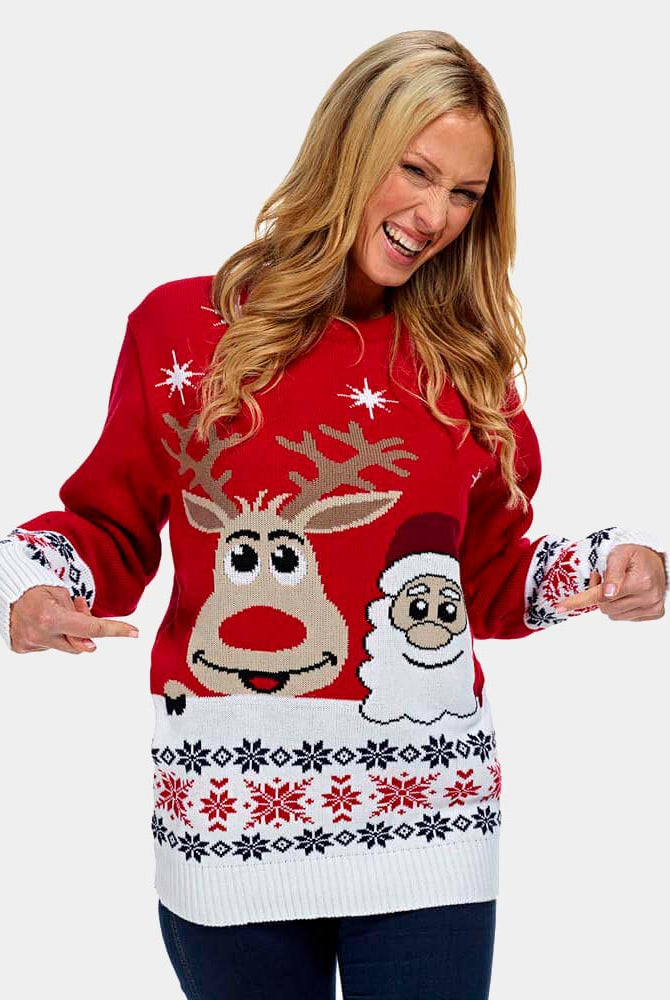 Camisola de Natal com Rena e Pai Natal Sorridentes 2021 Mulher