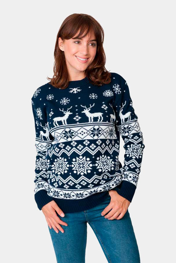 Camisola de Natal com Renas e Estrelas Azul Nordic 2021 Mulher