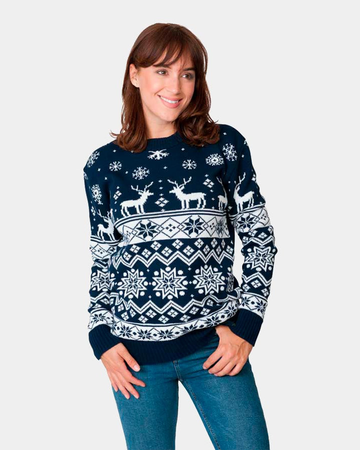Camisola de Natal com Renas e Estrelas Azul Nordic 2021 Mulher
