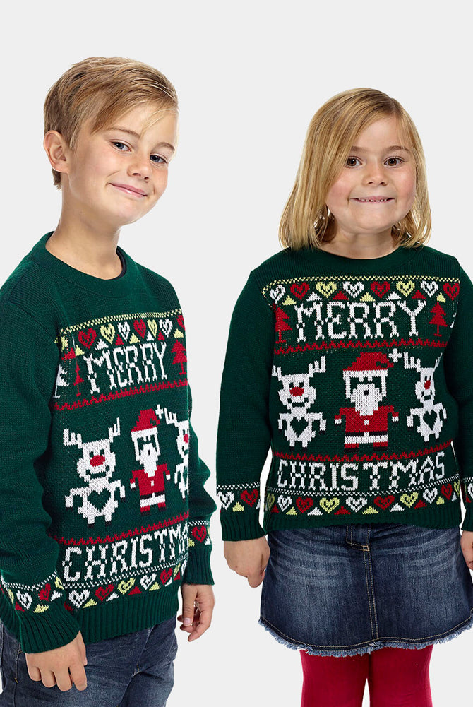 Camisola de Natal Verde para Criancas com Pai Natal e Rena