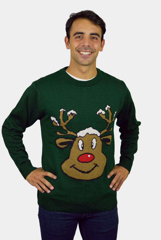 Camisola de Natal Verde para Família com Rena Sorridente Homem