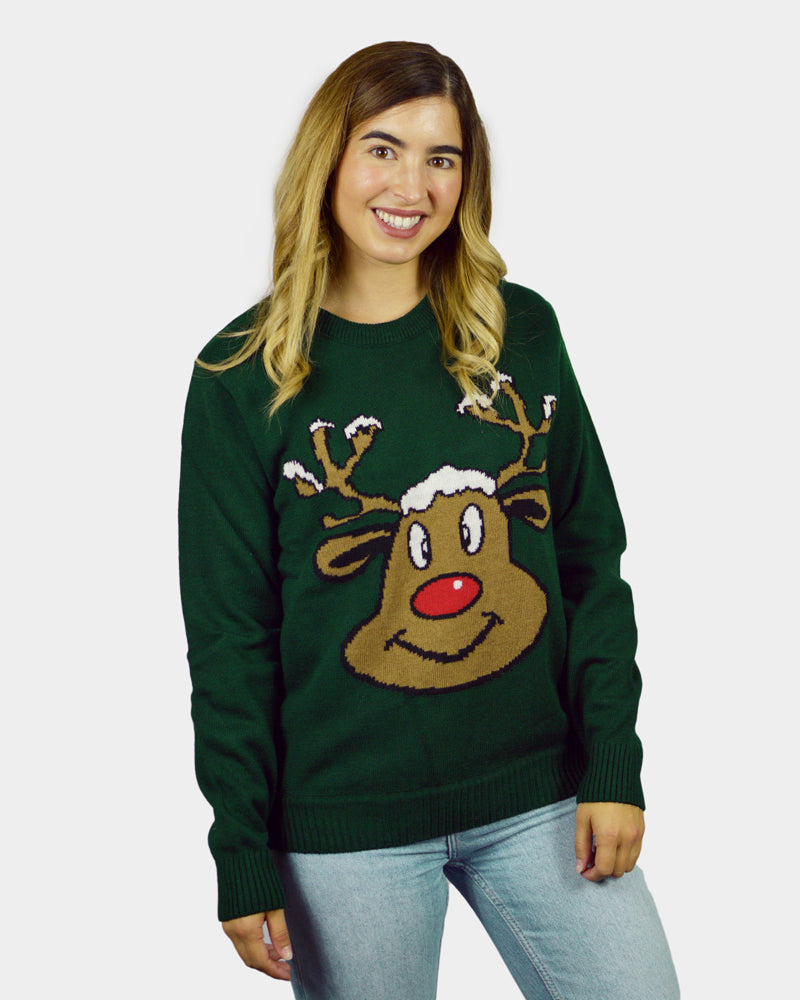 Camisola de Natal Verde para Família com Rena Sorridente Mulher