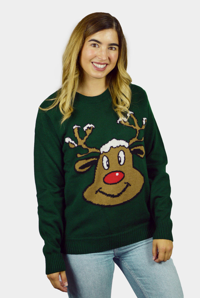 Camisola de Natal Verde para Família com Rena Sorridente Mulher