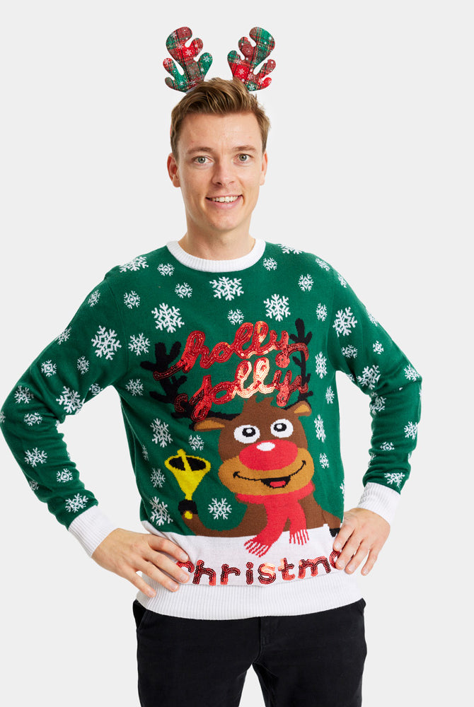 Camisola de Natal Verde Holly Jolly Lantejoulas Homem