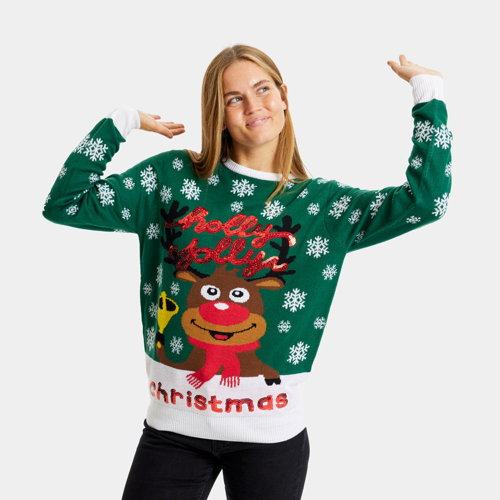Camisola de Natal Verde Holly Jolly Lantejoulas Mulher