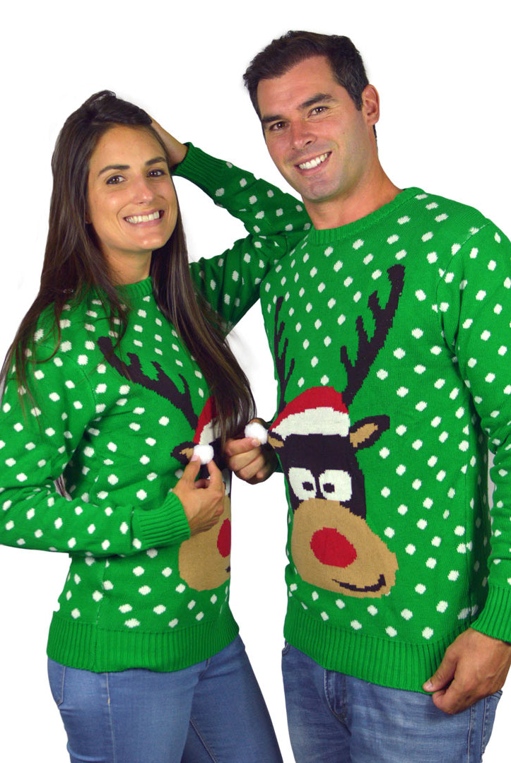 Camisola de Natal Verde Rena com Gorro 3D casal