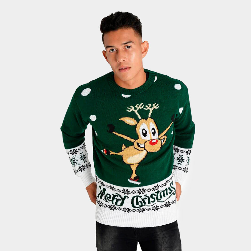 Camisola de Natal Verde com Rena Patinadora HomemCamisola de Natal para Homem Verde com Rena Patinadora