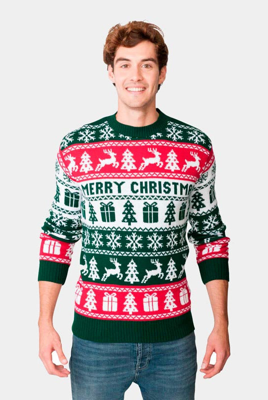 Camisola de Natal Verde, Vermelha e Branca Merry Christmas Homem