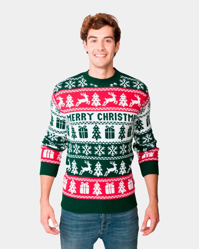 Camisola de Natal Verde, Vermelha e Branca Merry Christmas Homem