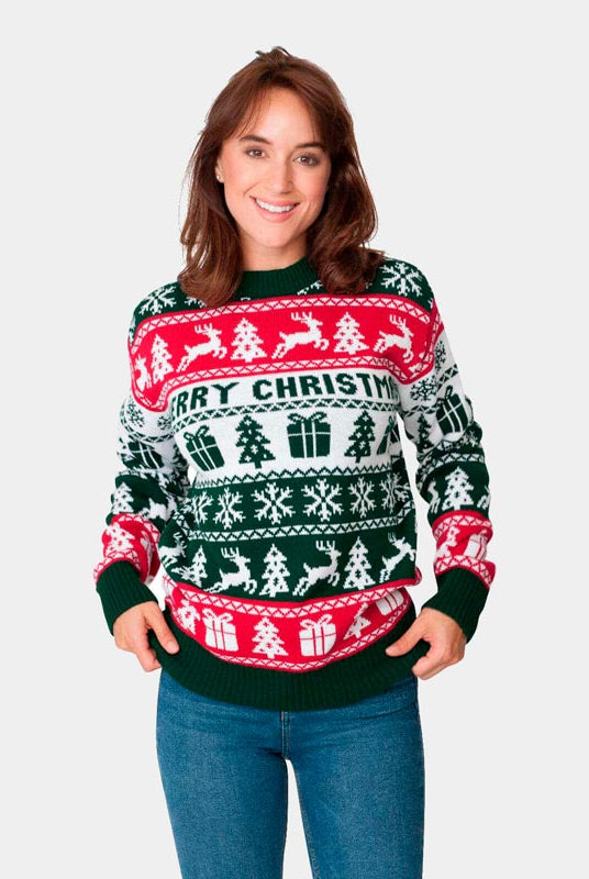 Camisola de Natal Verde, Vermelha e Branca Merry Christmas Mulher