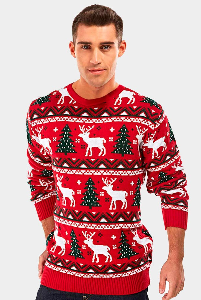 Camisola de Natal Vermelha com Árvores de Natal e Renas 2021 Homem