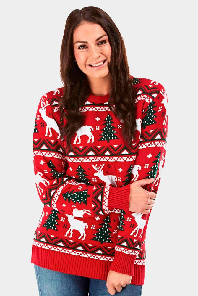 Camisola de Natal Vermelha com Árvores de Natal e Renas 2021 Mulher