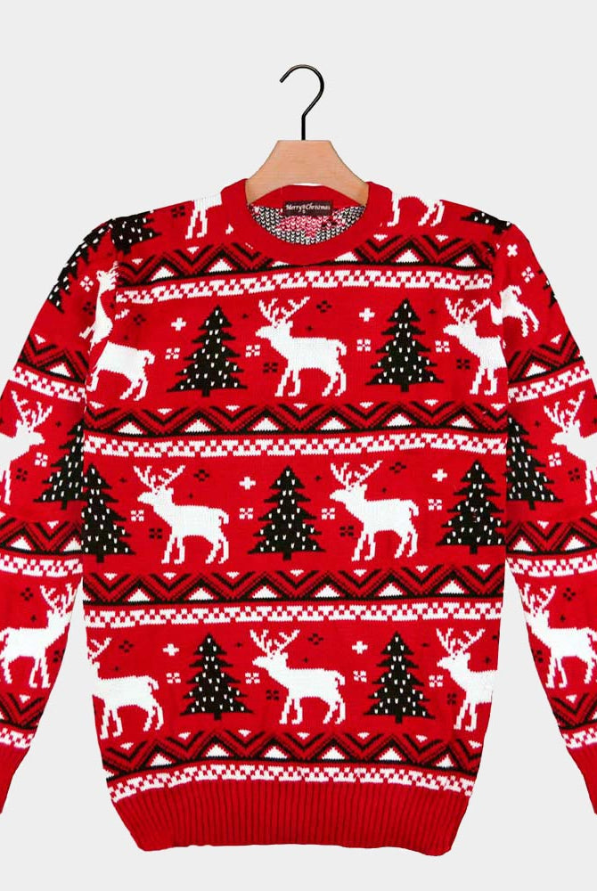 Camisola de Natal Vermelha com Árvores de Natal e Renas 2021