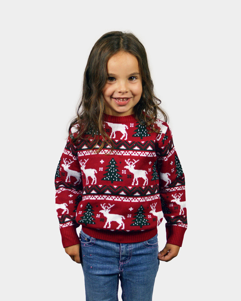 Camisola de Natal para Menina Vermelha com Árvores de Natal e Renas