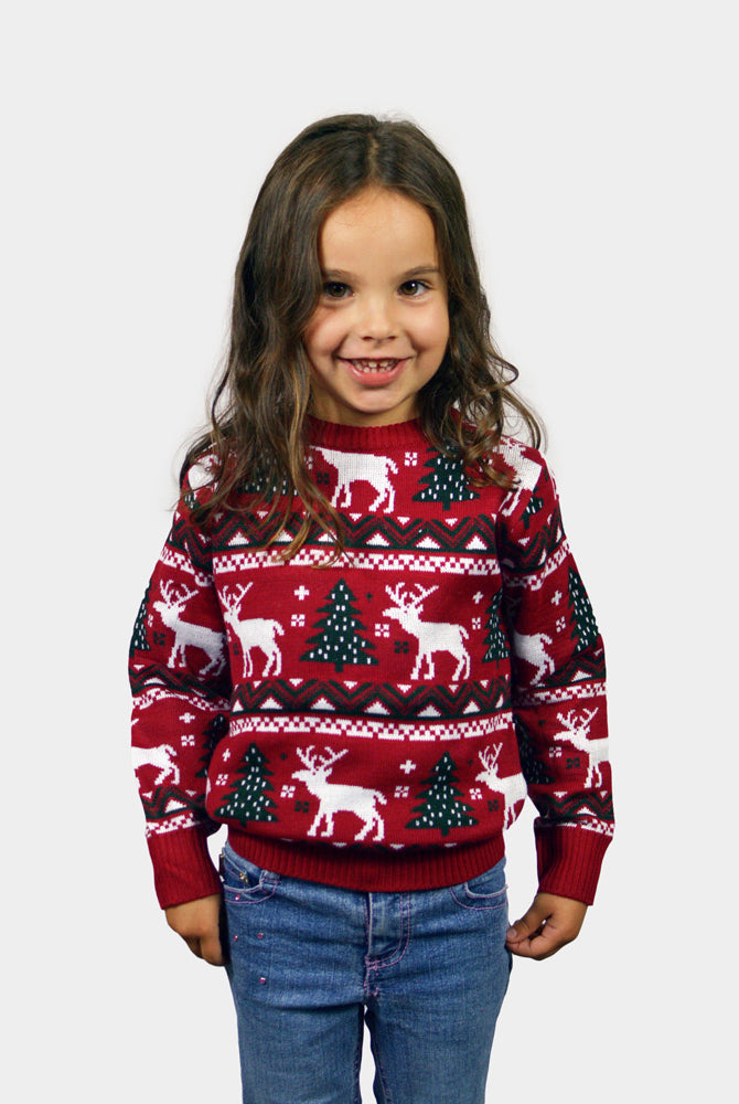 Camisola de Natal para Menina Vermelha com Árvores de Natal e Renas