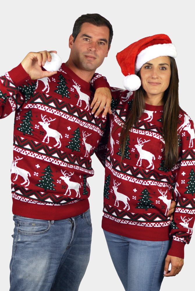 Camisola de Natal para Família Vermelha com Árvores de Natal e Renas casal