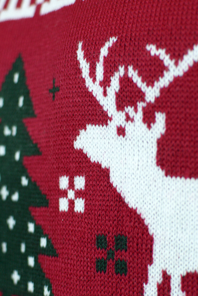 Camisola de Natal para Família Vermelha com Árvores de Natal e Renas Detalhe Rena