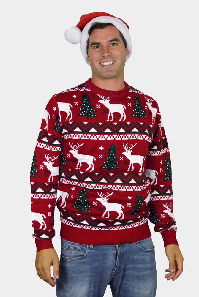 Camisola de Natal para Família Vermelha com Árvores de Natal e Renas Homem