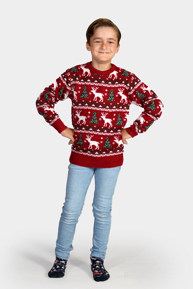 Camisola de Natal para Família Vermelha com Árvores de Natal e Renas Menina