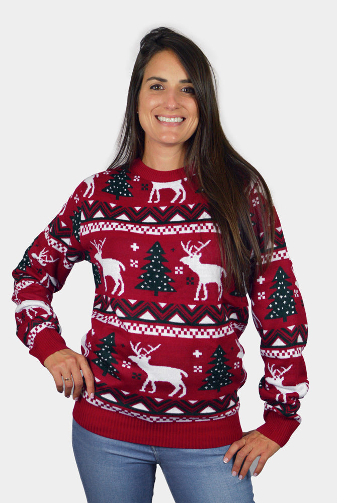 Camisola de Natal para Família Vermelha com Árvores de Natal e Renas Mulher
