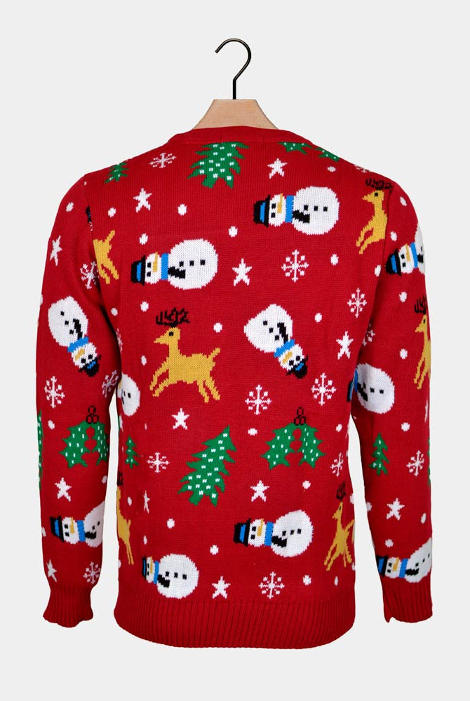 Camisola de Natal Vermelha com Bonecos, Renas e Árvores Costas