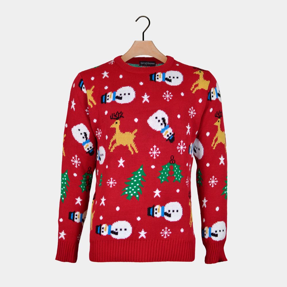 Camisola de Natal Vermelha com Bonecos, Renas e Árvores