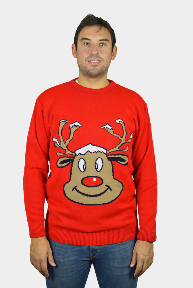 Camisola de Natal Vermelha para Família com Rena Sorridente Homem