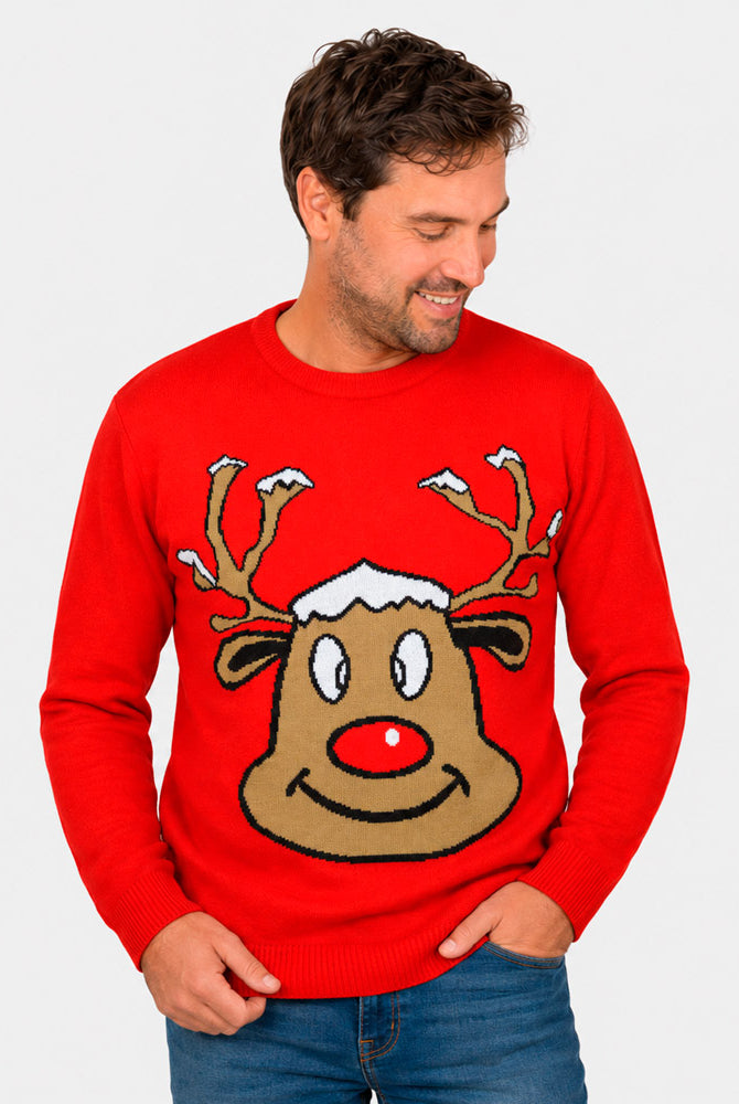Camisola de Natal Vermelha para Família com Rena Sorridente Homem